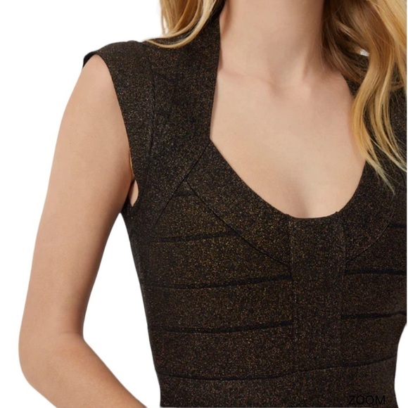 French Connection Black/Bronze Danni Crepe Cap Sleeve Metallic Bodycon Dress - Picture 3 of 14